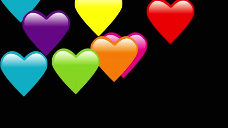 animation-of-big-emoji-hearts-of-all-colours-falling-from-above-untill-they-stop-on-the-bottom-one-over-the-other,-on-a-black-background