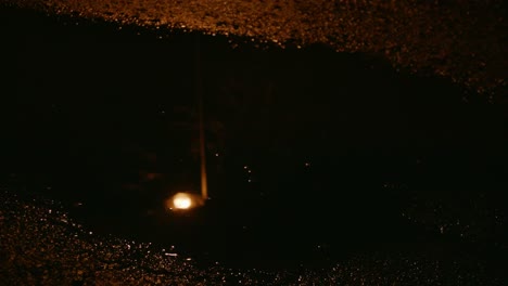 Reflection-of-a-streetlight-in-a-puddle-at-night-in-Berlin,-Germany
