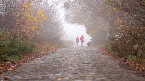 A-couple-wearing-red-coats-are-walking-their-dog-on-a-stone-paved-road-during-a-foggy-misty-morning