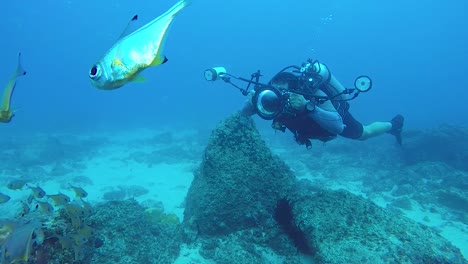 Ein-Video-Eines-Unterwasserkameramanns,-Der-Mit-Unterwasserausrüstung-Und-Lichtern-Im-Ozean-Fotos-Von-Meereslebewesen-Macht