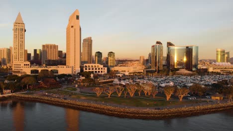 Downtown-San-Diego-Skyline-over-the-Embarcadero-Public-Park-Aerial