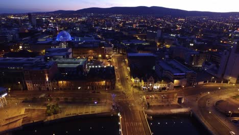 Belfast,-Northern-Ireland,-City-Centre-Aerial,-Dusk