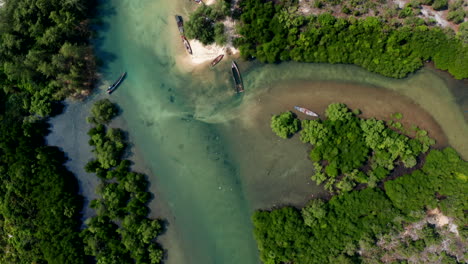 Imágenes-De-Drones-Aéreos-Verticales-De-Arriba-Hacia-Abajo-Que-Vuelan-Sobre-Un-Río-De-Manglares-En-Camboya