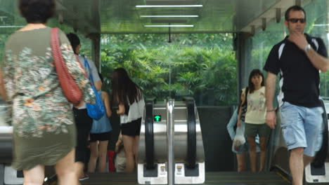 Singapur---Alrededor-Del-Lapso-De-Tiempo-De-Personas-Entrando-Y-Saliendo-De-Una-Escalera-Mecánica-Muy-Ocupada