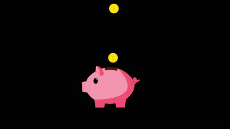 Animation-of-gold-dollar-coins-falling-from-above-into-a-pink-piggy-bank-moving-ears,-nose-and-tail-slightly,-alpha-channel-included
