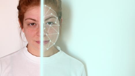 Close-up-of-a-young-woman-with-red-hair,-with-a-white-shirt-on-a-white-background,-with-facial-recognition-high-tech-animation-with-tracking-points-and-a-glow-effect-on-only-half-of-her-face