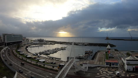 Sunrise-Timelapse-of-the-main-sea-port-of-Ponta-Delgada