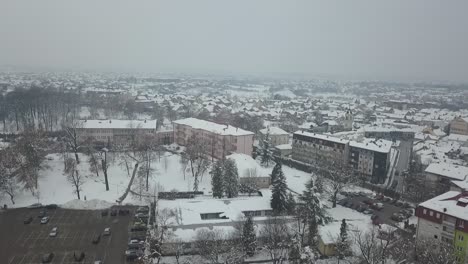 Aerial-view-of-small-town-covered-in-snow