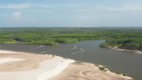 Aerial:-Kitesurfing-in-the-river-delta-of-Parnaiba,-Northern-Brazil