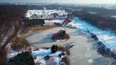 Gdansk-city-aerial,-Ronald-Reagan-Park,-winter-2018