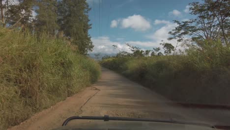 POV-driving-through-potholes-on-rural-road-through-tall-grass
