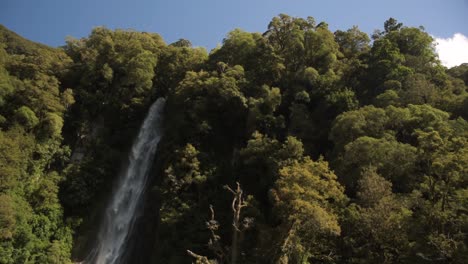 Statische-Weitwinkelaufnahme-Eines-Wasserfalls-In-Einem-Dichten-Einheimischen-Wald