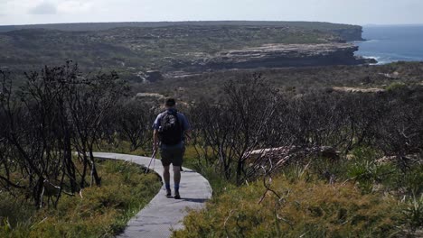 Shot-of-two-people-walking-on-a-trail-near-the-coast-line-in-the-royal-national-park-in-Australia-during-a-sunny-day