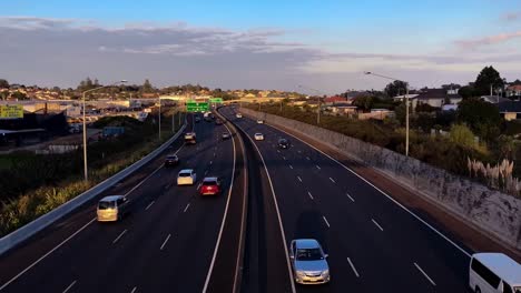 Time-lapse-of-motorway-traffic-during-golden-hour-in-Auckland-New-Zealand