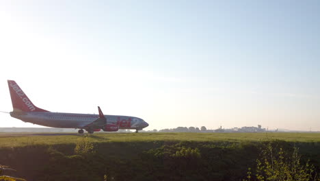 Jet2-Plane-Taxiing-and-Takeoff-at-Leeds-Bradford-Airport-in-Yorkshire,-England-on-a-Sunny-Summer’s-Morning