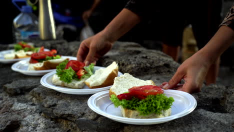 Outdoor-cooked-burgers-are-being-served-on-paper-plates