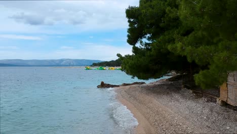 Revealing-Zlatni-Rat-beach,-Croatian-landscape-by-the-sea,-drone-flying-under-low-branch