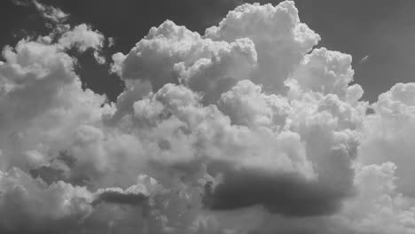 4K-Schwarz-Weiß-Zeitraffer-Mit-Blick-Auf-Dramatische,-Flauschige-Weiße-Wolken,-Die-Sich-Durch-Die-Szene-Nach-Oben-Bewegen
