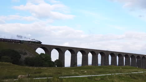 Flying-Scotsman-Steam-Train-überquert-An-Einem-Sommertag-In-Zeitlupe-Mit-Einem-Schmalen-Ausschnitt-Ein-Viktorianisches-Viadukt-Im-Yorkshire-Dales-National-Park