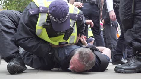 A-Tommy-Robinson-supporter-is-arrested-by-police-along-Whitehall,-London