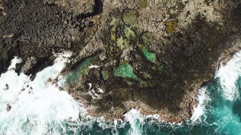 Bird's-Eye-Drone-shot-directly-above-the-Makapu'u-Tidepools-off-of-the-Rocky-Coast-of-Oahu,-Hawaii