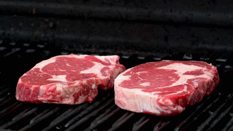 Two-raw-rib-eye-steaks-getting-ready-to-cook-on-a-grill