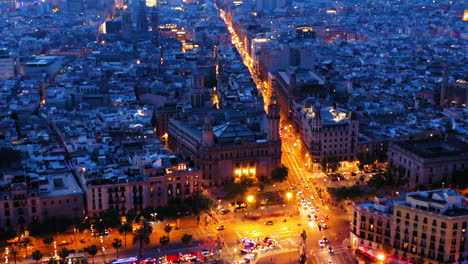 Cityscape-of-Barcelona-at-night,-Spain