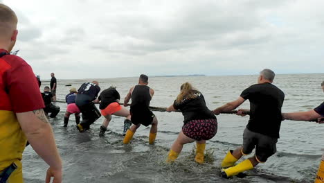 Während-Des-Austernfestivals-Von-Whitstable-Messen-Sich-Die-Teams-In-Einem-„mud-Tug“,-Einem-Tauziehen-Im-Meer