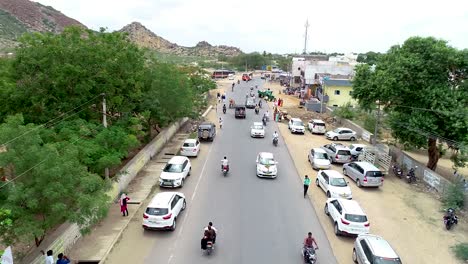 Aerial-view-of-light-moving-traffic-at-the-Indian-village-roads