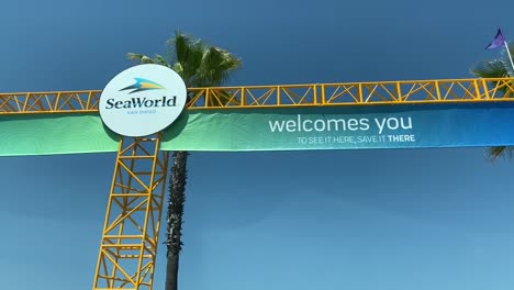 The-front-entrance-of-Sea-World-San-Diego,-a-major-tourist-attraction-and-theme-park-in-Southern-California