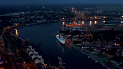 Aerial-view-of-a-city-urban-sea-port-at-night