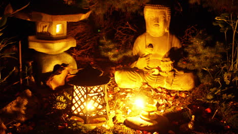 A-Buddha-statue,-lamps-and-incense-are-seen-in-time-lapse-motion-with-frame-blending