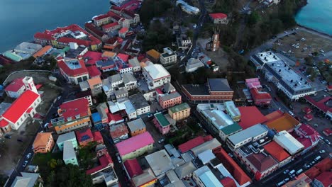 Aerial-footage-of-an-amazing-sunset-over-Scots-Kirk-Clock-and-Bell-Tower-in-St-George,-Grenada