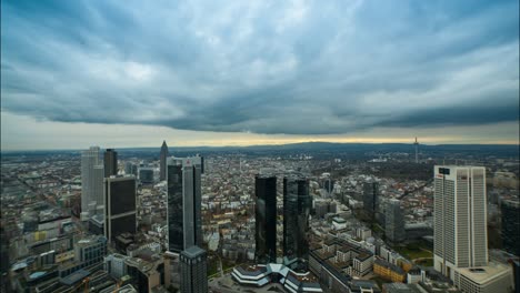 A-timelapse-from-the-Main-tower-in-Frankfurt,-Germany,-showing-a-huge-part-of-the-city