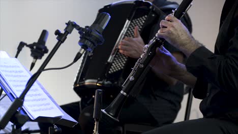 Clarinetist-and-accordionist-at-concert,-theater-scene,-clarinet,-flat-plane-closeup