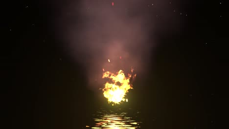 one-fire-burning-with-sparkles-over-water-element-with-reflections,-dust-particles,-and-glowing-stars-animation