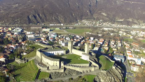 Aerial-view-of-Bellinzona-Castelgrande,-Ticino-Switzerland