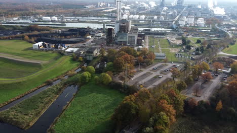Aerial-slow-forward-showing,-german-chemical-plant-area,steady-shot