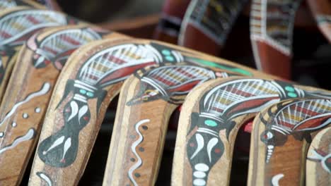 Slow-pan-and-closeup-of-the-beautiful-artwork-of-genuinely-crafted-Australian-Boomerangs