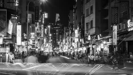Time-lapse,-Bui-Vien-Street-in-Black-and-White-Nighttime