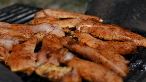 Panning-shot-of-seasoned-chicken-strips-cooking-on-the-grill