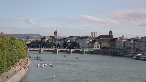 Panorama-of-Rhine-River-water-transport-traffic-and-old-town-of-Basel