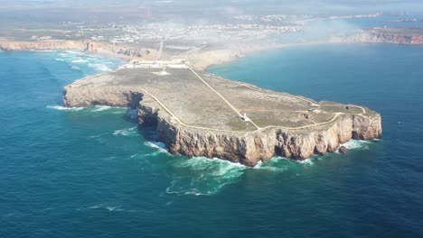 Cape-Sagres-Portugal-with-Sagres-Fortress-and-lighthouse-on-top-of-the-eroding-coast,-Aerial-dolly-right-pan