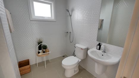 Sauberes,-Weißes,-Stilvolles-Badezimmer-Mit-Duschkopf