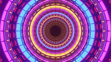 Sci-fi-motion-graphics:-journey-in-short-tunnel-of-colorful-neon-symmetrical-rotating-and-expanding-circles