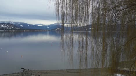 Tranquilo-Y-Encantador-Lago-Shuswap-Cerca-De-Sorrento-Con-Las-Montañas-Rocosas-Al-Fondo-En-Un-Día-Nublado