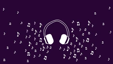 Endlosschleifenanimation-Von-Kopfhörern,-Umgeben-Von-Musiknoten-Auf-Violettem-Hintergrund
