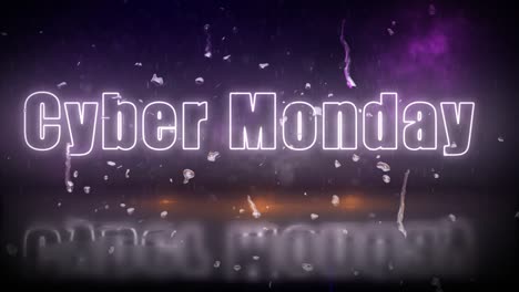 „Cyber-Monday“-Neonlichtschild,-Das-Durch-Einen-Sturm-Mit-Flackernden-Lichtern-Sichtbar-Wird