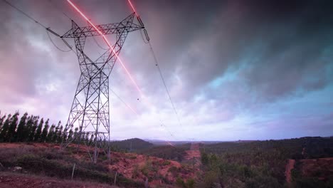 Leuchtende-Strahlen-Roter-Energie-Fliegen-Durch-Die-Seile-Von-Strommasten
