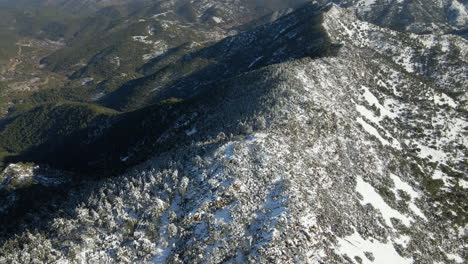 Aerial-view-of-the-snowy-mountain-ridge-in-the-Sierra-de-Espadan,-Castellon,-Spain